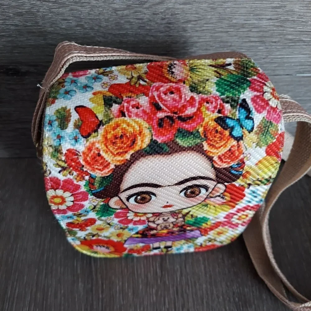 Frida Kahlo Handmade in Mexico Rose Gold Crossbody Floral Bag